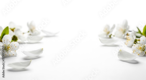 Delicate white cherry blossoms and petals scattered on a clean white background