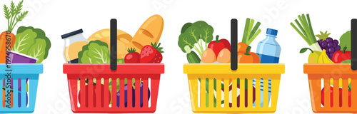 Set of four colorful grocery baskets filled with fresh fruits, vegetables, bread, and packaged goods, healthy food shopping illustration isolated on white background for retail and nutrition projects