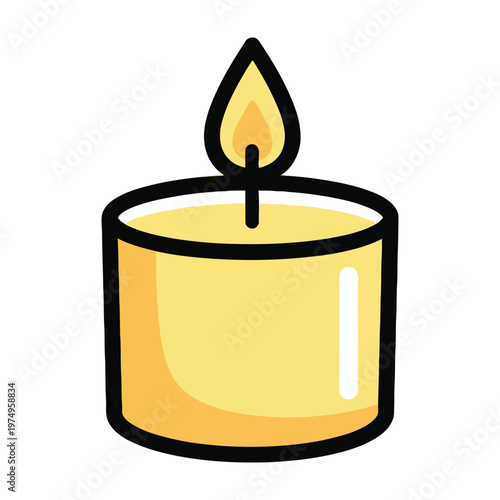 Yellow candle with flame on white background