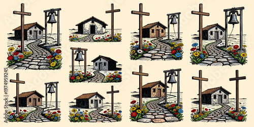 Rustic stone houses with pathways crosses and bells amidst vibrant wildflowers