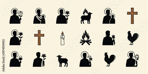 Religious and Spiritual Vector Icon Set: Saints Symbols and Christian Elements