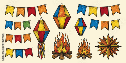 Brazilian June Festival Flags Lantern Fire Decoration Set
