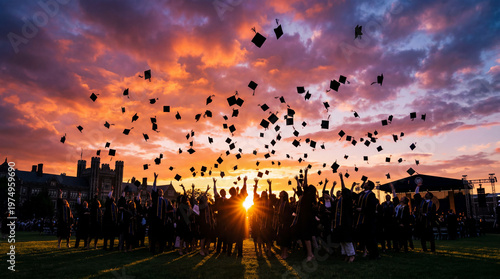 Graduates celebrate success by throwing caps into the air at sunset, marking a significant academic achievement.