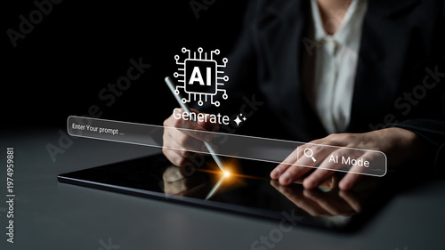 Konstfotografi Close-up view of a person using a stylus on a tablet to enter a prompt for AI generation, highlighting the blend of technology and creativity in a modern workspace