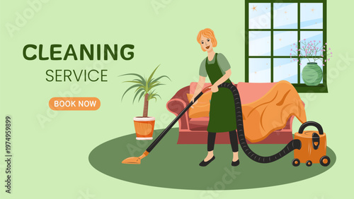 Woman vacuuming living room interior. Home cleaning service concept, housekeeping, hygiene and domestic work. Banner for cleaning company promotion and advertising.