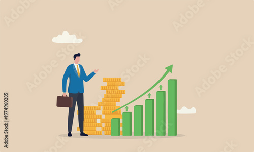 Success or increase income, rich life, earning profit or growing pension fund, prosperity concept, rich businessman with coin stack growth chart