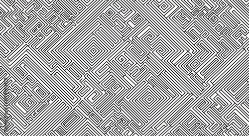 Abstract geometric maze pattern composed of interlocking black and white lines creates a complex optical illusion.