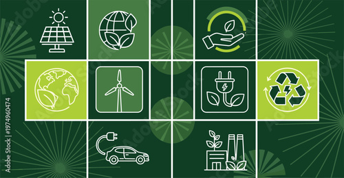 Green eco sustainability banner with renewable energy recycling electric vehicle and environmental protection modern geometric design layout