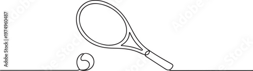 Tennis racket icon line continuous drawing vector. One line Tennis racket icon vector background. Tennis racket with ball icon. one line Icon drawing