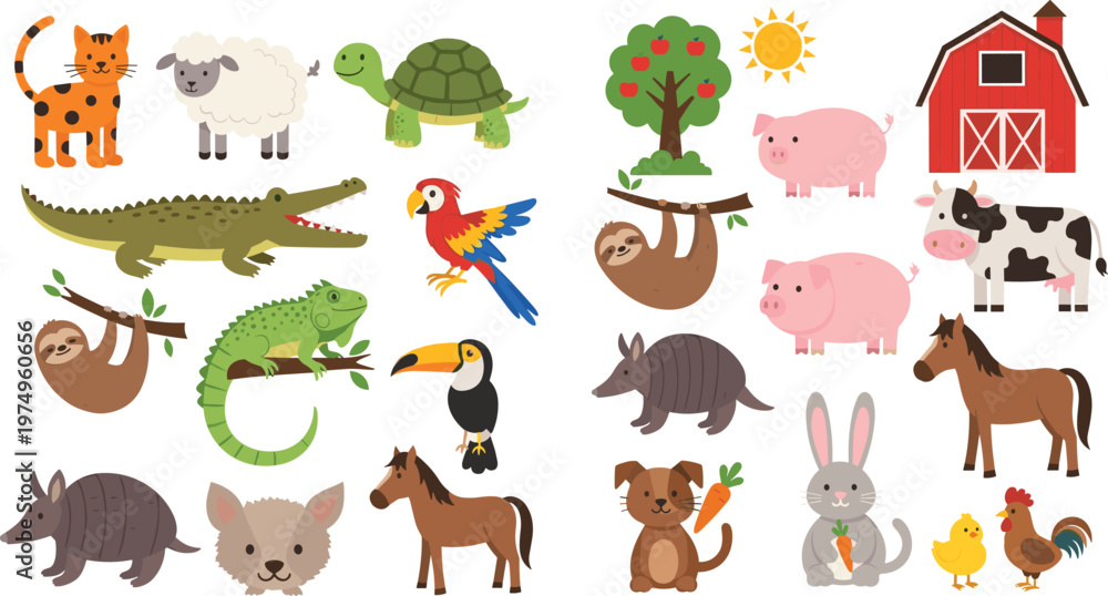Fototapeta premium Farm and Wild Animal Vector Set with Cats, Pigs, Birds, Reptiles, and Nature Elements for Children's Educational and Fun Designs