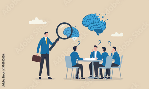 Amnesia remember The style of the illustration is modern, flat design with clean lines and minimal shading with meeting teams together magnifying glass analyze amnesia patient brain