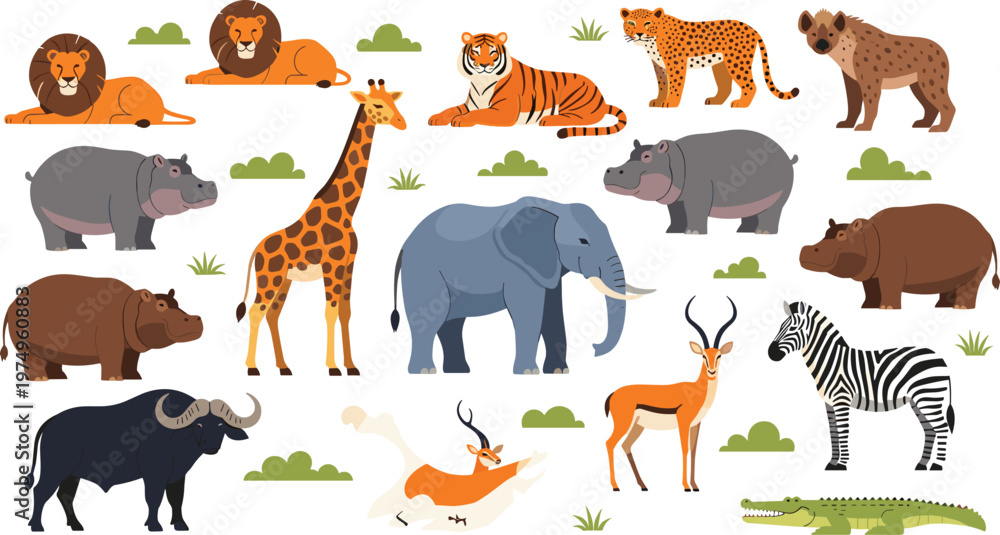 Obraz premium African Safari Animals Collection with Lion, Tiger, Elephant, Giraffe, Zebra, Hippo, Hyena and More Flat Vector Wildlife Illustrations for Nature and Design Projects.