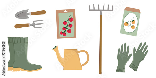 Gardening tools set with yellow watering can, rake, khaki gloves, rubber boots and seed packets, spring garden flat vector