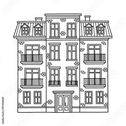 Detailed sketch of a classic european mansion with balconies and symmetrical design