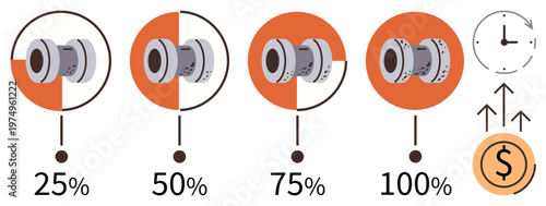 Business efficiency, productivity tracking, mechanical workflow, process improvement, success milestones, time management. Mechanical component with completion percentages. Productivity tracking