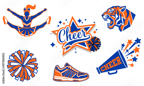 Vászonkép Navy Blue and Orange Cheerleading Vector Graphic Bundle with Tiger Mascot, Megap