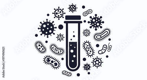Microscopic viruses and bacteria surrounding a test tube dark silhouette