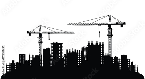 City construction site with multiple cranes and buildings black silhouette