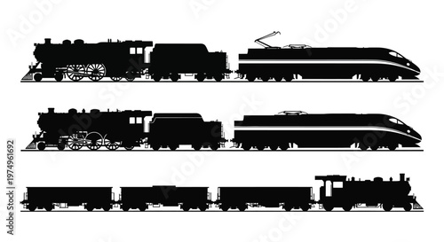 A comparison of vintage and modern trains depicted in black silhouette