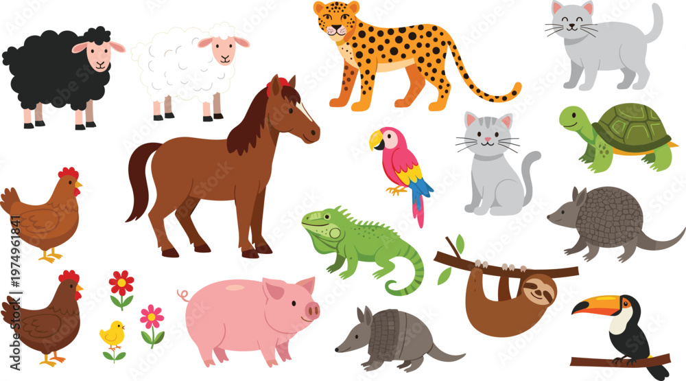 Obraz premium Farm and Wild Animal Vector Set with Sheep, Horse, Parrot, Pig, Leopard, Turtle, and More for Nature and Children's Designs