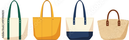 Set of four stylish tote bags in cream, mustard yellow, navy blue, and woven straw with leather handles, isolated on white background, fashion accessory design illustration