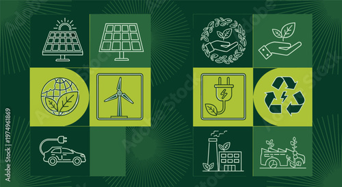 Green eco sustainability banner with renewable energy recycling electric vehicle and environmental protection modern geometric flat design layout