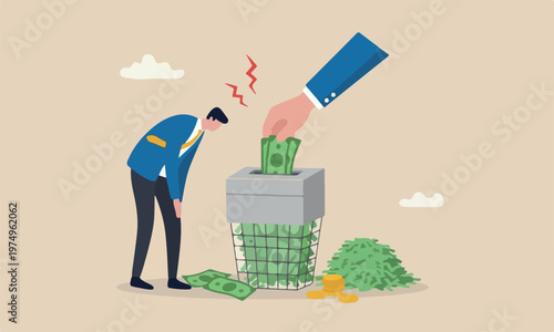 Money shred, scam or fraud causing losing money, mistake or financial failure spending concept, businessman hand feed banknote money into shredder to destroy losing all his wealth