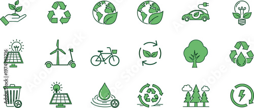 Green eco sustainability icons set with recycling renewable energy electric transport leaf water and environmental protection flat design collection