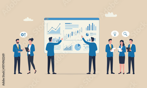 Businessma,meeting teams together diagram, stock market exchange data, investment analysis, growth earning income concept, businessman thinking with data chart and graph