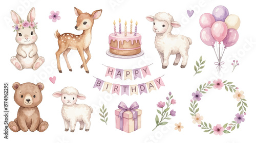 Cute pastel birthday animals and baby party elements with balloons, floral decorations in soft watercolor. Collection of Vector illustrations. Perfect for invitation, card, poster, banner, decoration
