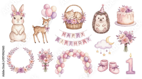 Cute pastel birthday animals and baby party elements with balloons, cake and floral decorations in soft watercolor. Collection of Vector illustrations. Perfect for invitation, card, poster, banner
