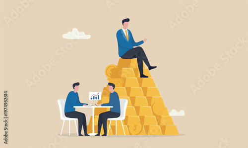 Gold investment wealth management and asset allocation concept, businessman success wealth manager, trader or rich investor sitting on stack of gold bar bullion
