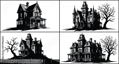 Set of spooky haunted Victorian houses silhouettes with eerie trees isolated for Halloween gothic design elements