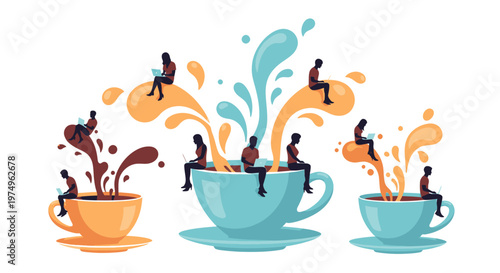 People working on laptops around energetic coffee cups, symbolizing productive online communities.