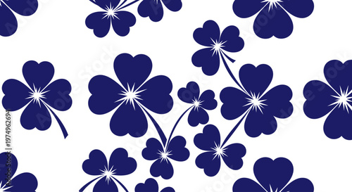 Seamless pattern of navy blue clover leaves on a white background.