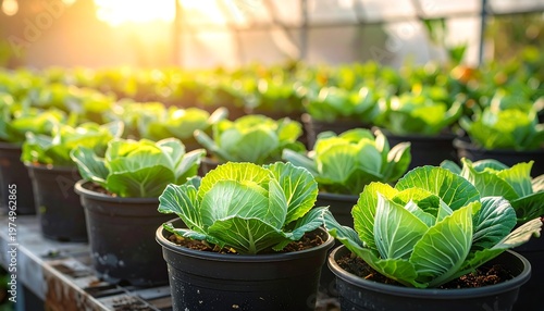 Rows of potted green cabbage plants bask in the sunlight inside a greenhouse with a translucent roof