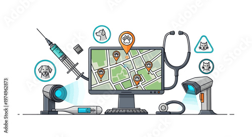 Digital veterinary service and pet microchip tracking technology on a computer screen.