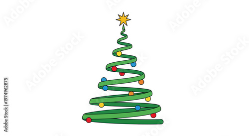 Minimalist spiral Christmas tree with colorful baubles and a star topper