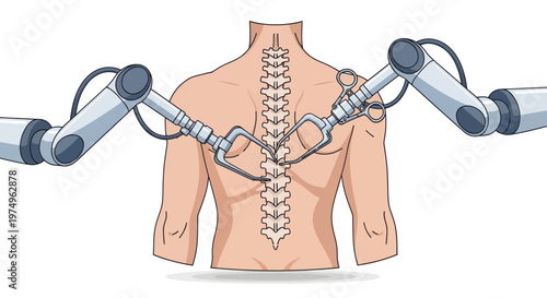 Robotic arms performing precision spinal surgery on a human back illustration