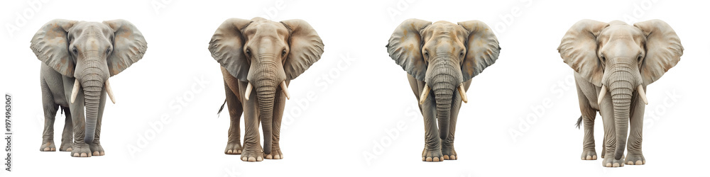 Obraz premium Four elephants stand side by side against a solid black backdrop in a studio setting