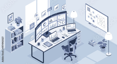 Isometric illustration of a modern home office with large curved monitors and data dashboards.