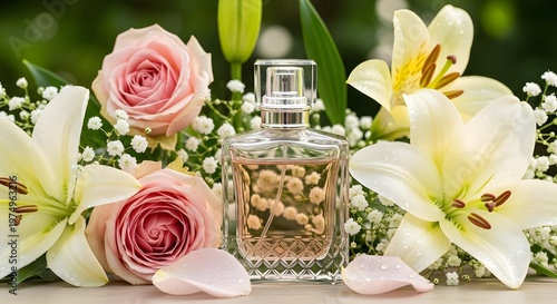 Fragrance bottle placed among pink roses and white lilies outdoors  