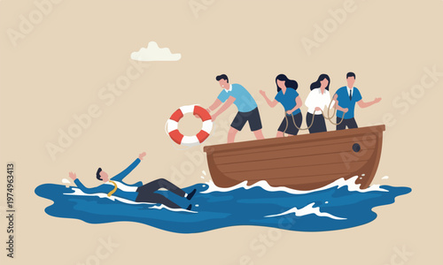 Help in business teams together aid to solve problem, emergency lifebuoy concept, hopeless businessman drowning in ocean try to grab lifebuoy from safe guard