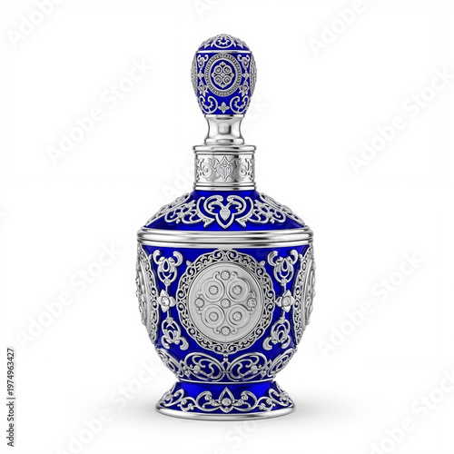 Ornate blue perfume bottle with silver details on white background  