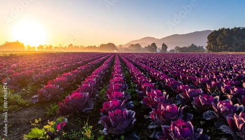 Rows of purple cabbages stretch to the horizon as a bright sun rises, casting a golden glow across the landscape