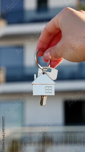 Close-up of hand holding house key with keychain in front of contemporary apartment building, real estate investment.