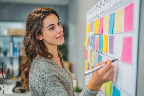 Woman Placing Weekly Plans Next to Vision Board on Wall in Home Office Setting for Personal Achievement and Clarity