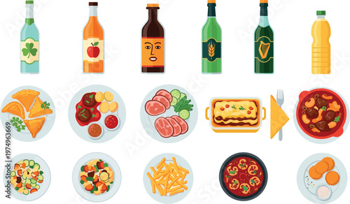 Healthy and Traditional Food Collection with Fresh Salads, Meat Dishes, Lasagna, Fries, Soups, and Beverage Bottles Illustration Set for Menu Design
