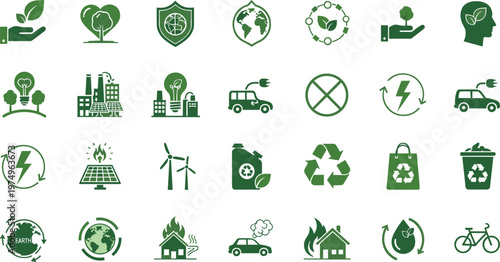 Green eco sustainability icons set with renewable energy recycling electric transport environmental protection and climate awareness flat symbols