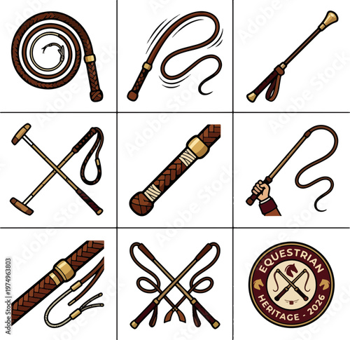 Vector illustration set of various brown leather equestrian whips, riding crops, and lunge whips for horse riding and training, isolated on white.